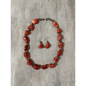 Chunky Southwest 20" Red Coral Dyed Magnesite Boho Statement Necklace & Earrings